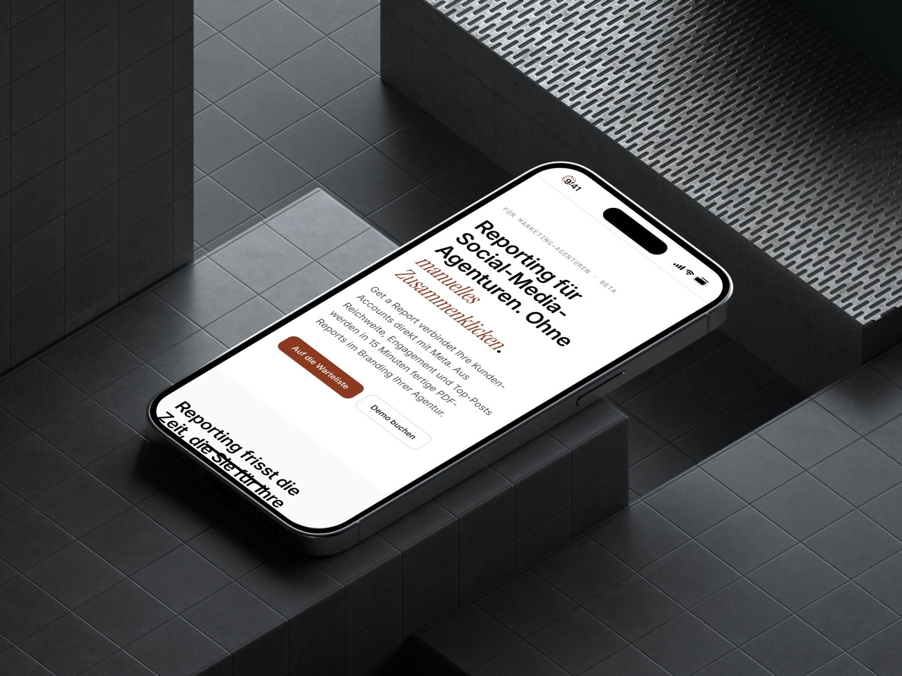 Get a Report Website auf dem iPhone, Headline zum Reporting für Social-Media-Agenturen