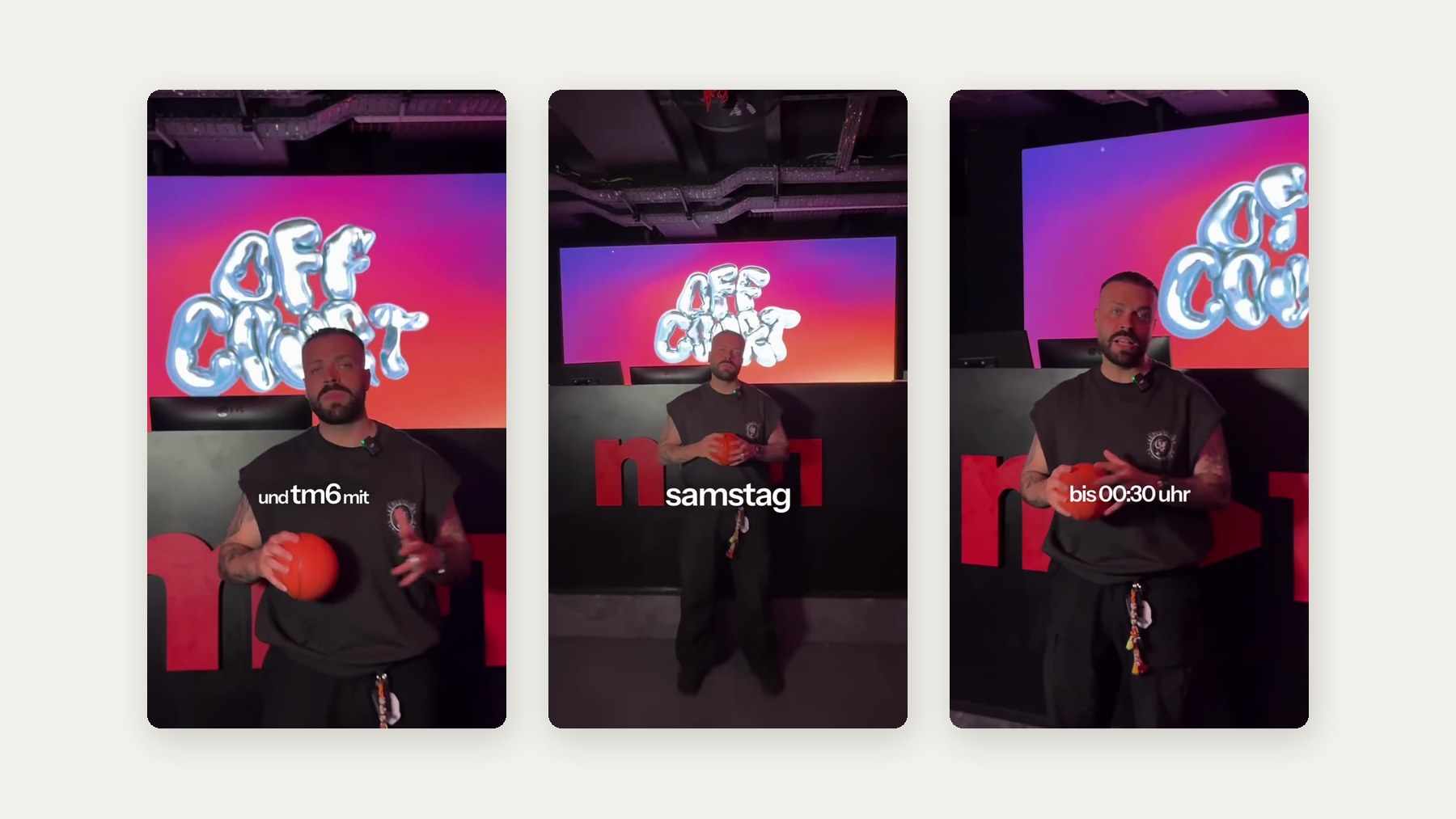 Drei Standbilder aus dem Off Court Reel, Neon-Schriftzug im Mach1