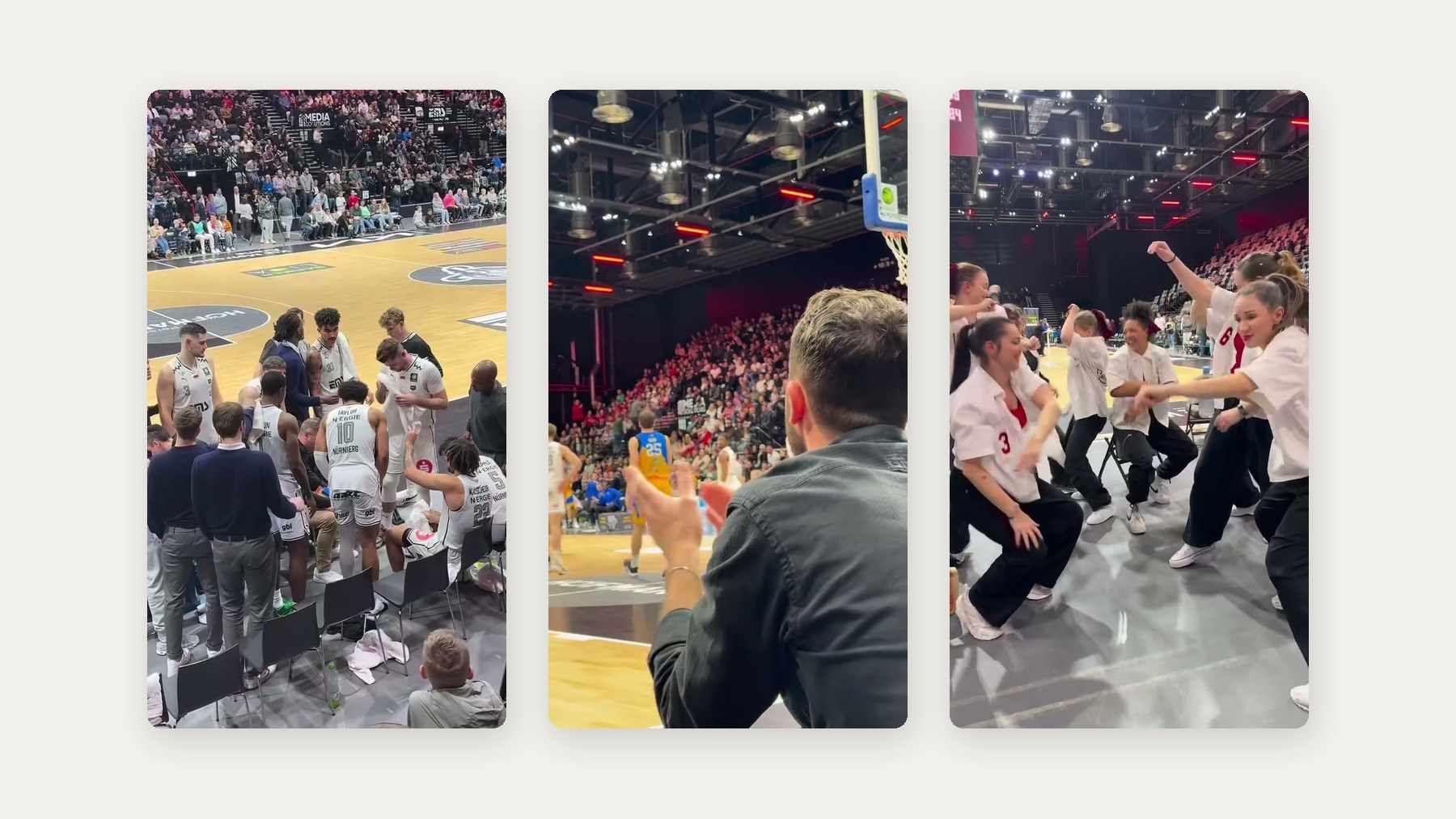 Drei Standbilder aus dem Falcons Reel, Spieltag in der Halle