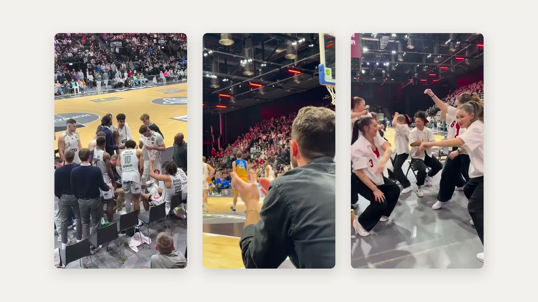 Drei Standbilder aus dem Falcons Reel, Spieltag in der Halle